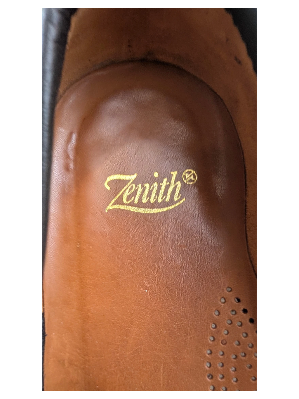 JAKE & IPI Zenith black leather penny loafer interior with tan leather insole and gold brand logo