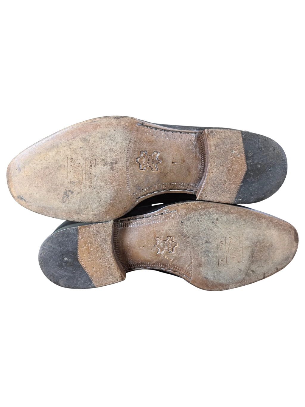 JAKE & IPI Zenith black leather penny loafers showing worn leather soles and stacked heels from a bottom view