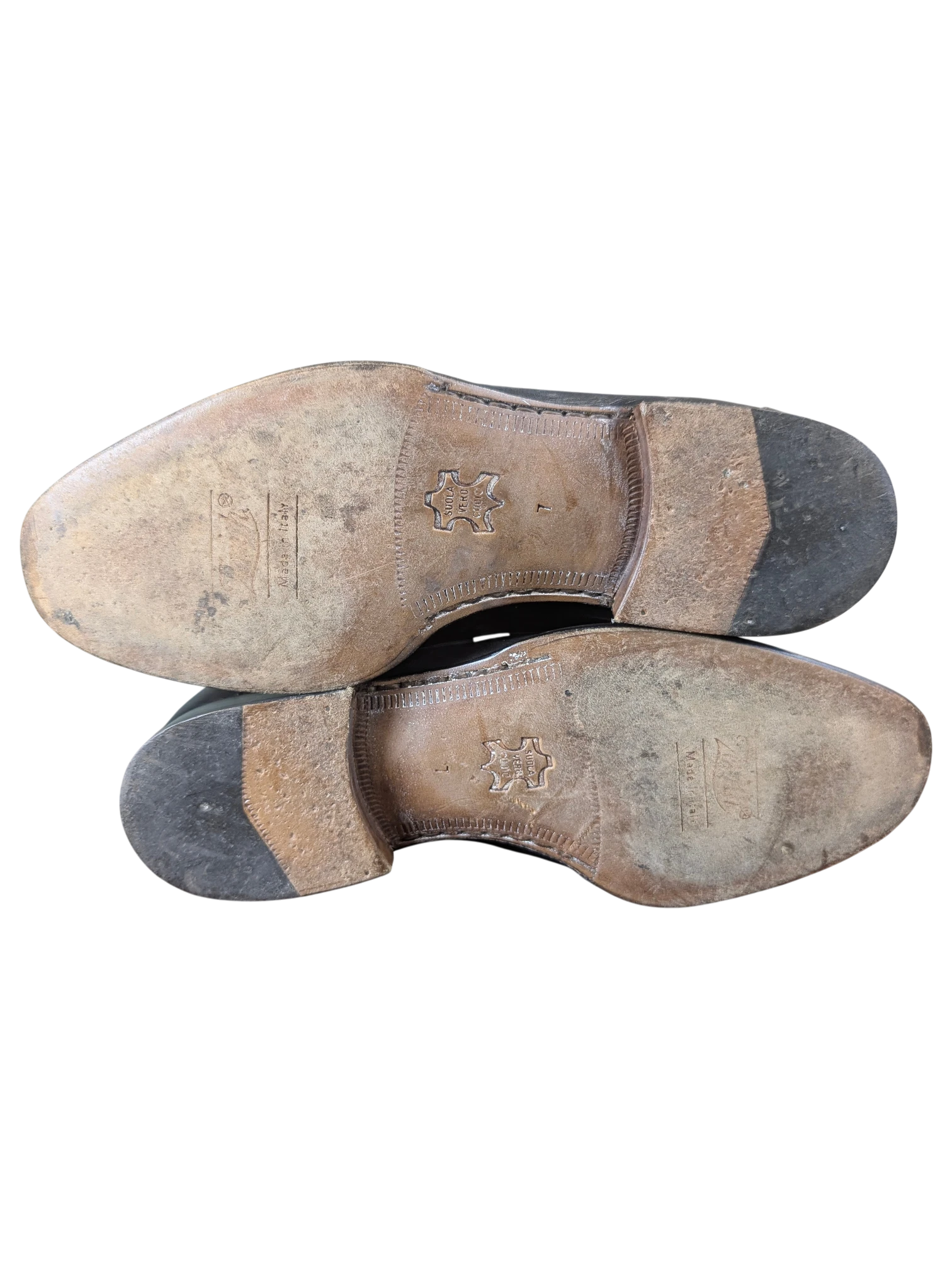JAKE & IPI Zenith black leather penny loafers showing worn leather soles and stacked heels from a bottom view