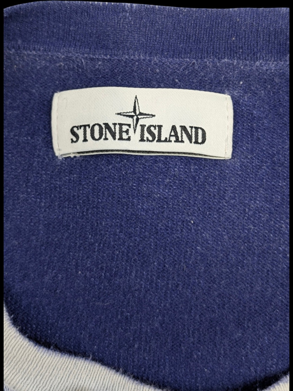 Stone Island blue mélange cotton crewneck sweater with compass patch and light grey ribbed trim. Size XXL.