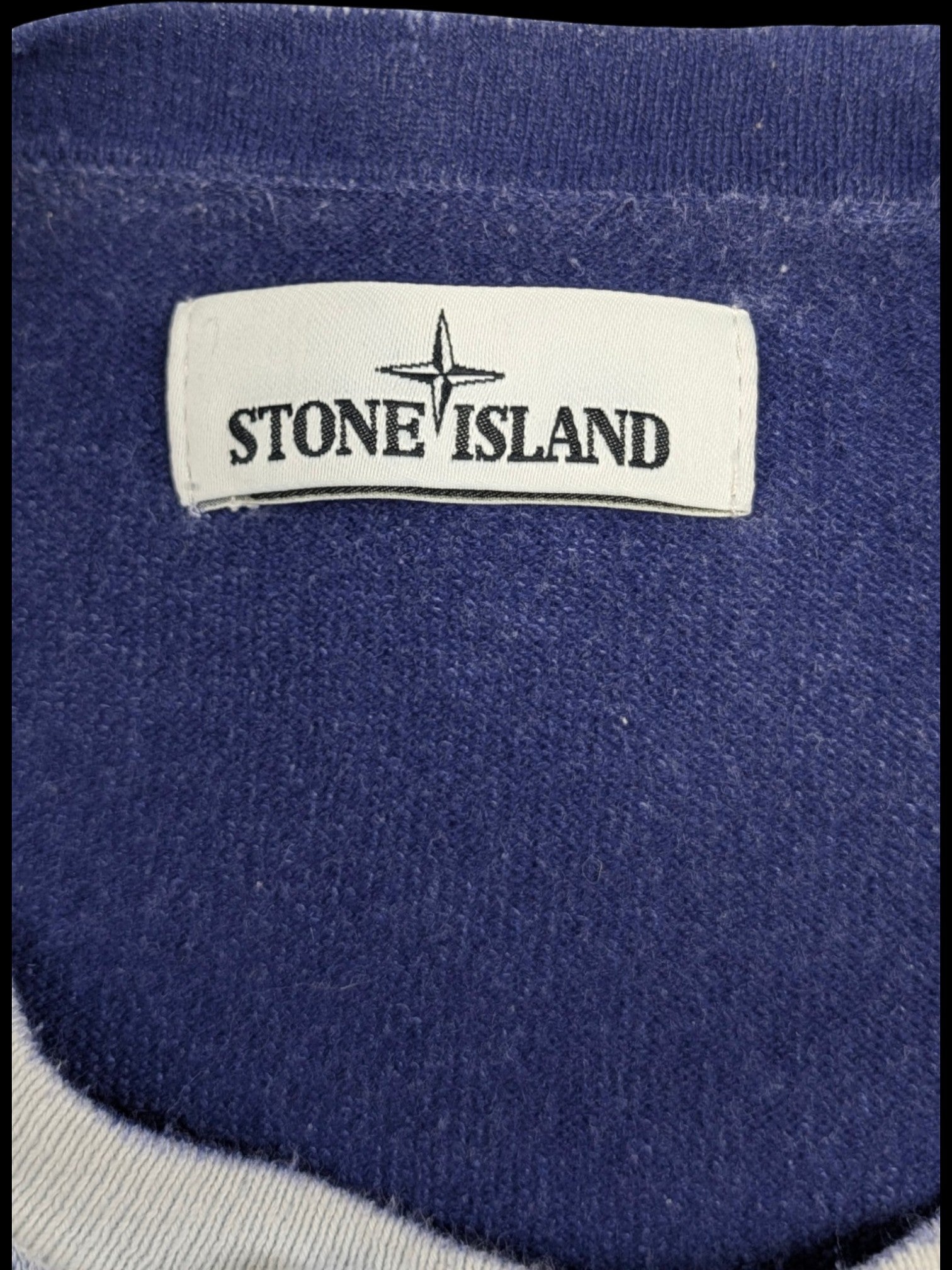 Stone Island blue mélange cotton crewneck sweater with compass patch and light grey ribbed trim. Size XXL.